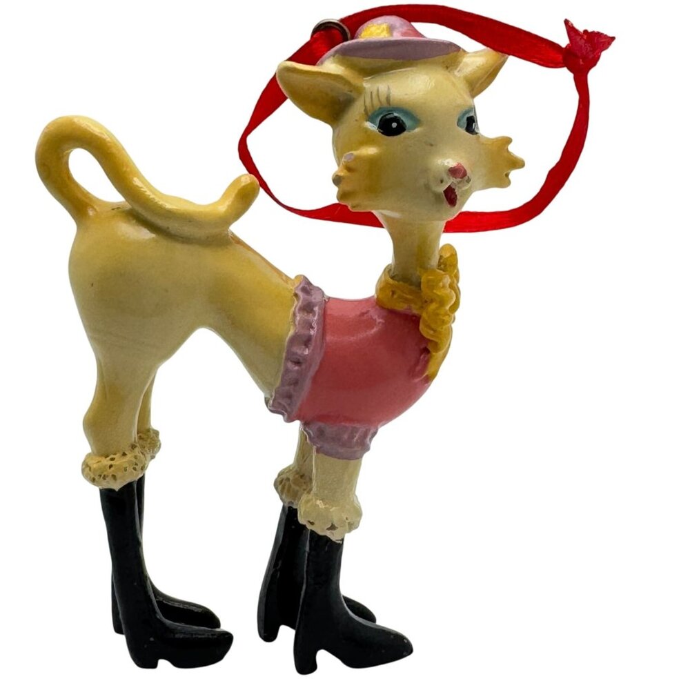 1990s Fashion Forward Cat Ornament Pink Outfit Black Boots Red Handpainted Vtg